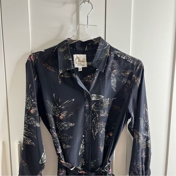 Ooshi Abstract Print Silk Button Down Shirt Dress Black size small - Picture 6 of 16